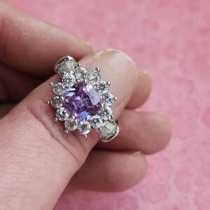 Sparkling Amethyst Halo Cocktail Ring - Silver Tone